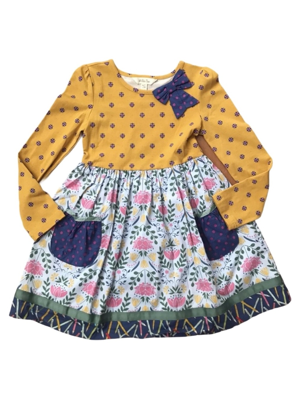Matilda Jane Long Sleeve Floral with Pencil Trim Dress Rounded Neckline Pull On